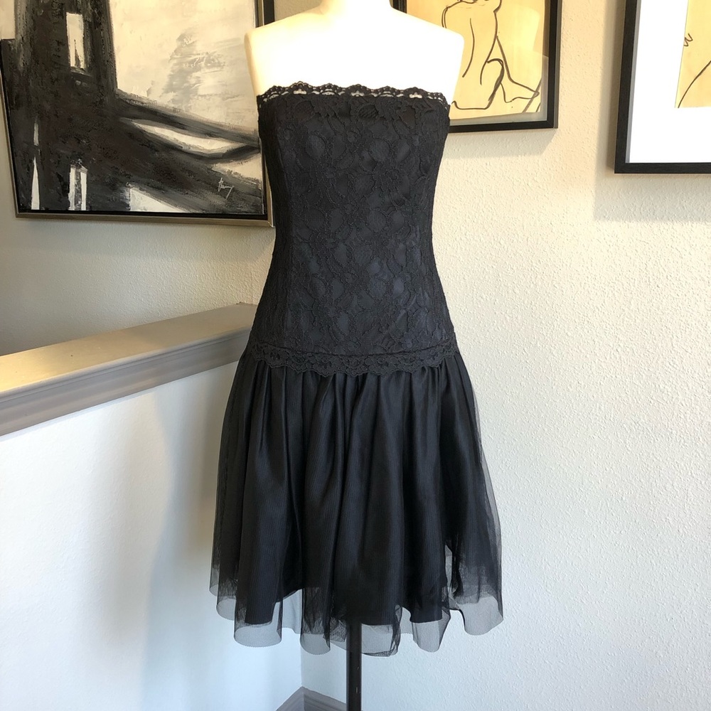 SHOSHANNA black lace and tulle dropped waist strapless cocktail party dress
